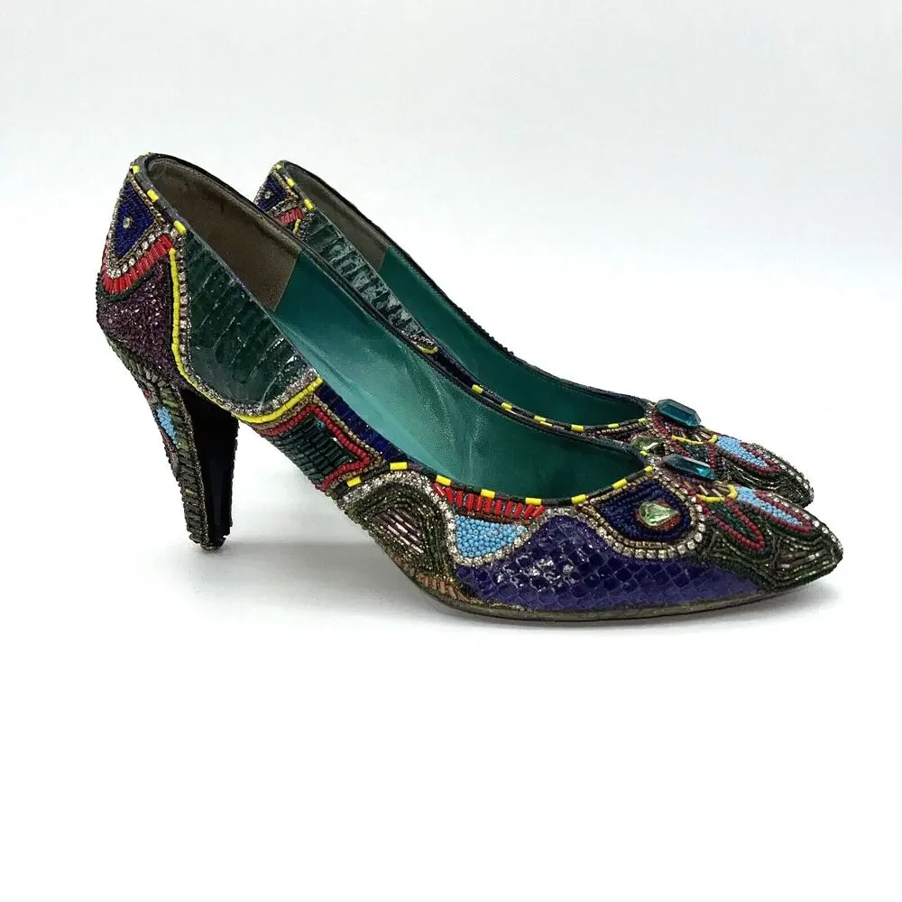 Bradley Levin Beaded Heels Womens 8 Charles Jourdan 80s 90s Vintage Rare Unique - Picture 2 of 15
